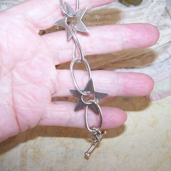 Vintage Sterling Silver Link Bracelet with Stars - 7.25" Wearable - Picture 3 of 7